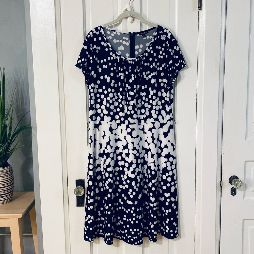 Navy & White Ombré Polka Dots Short Sleeve Fit & Flare Dress & Ribbon Belt - XL